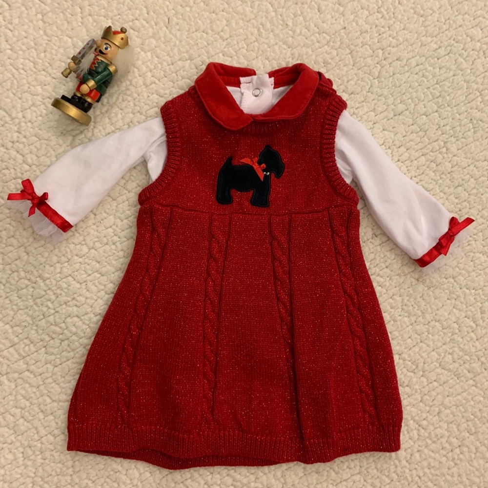Red cable sweater dress and My First Christmas top